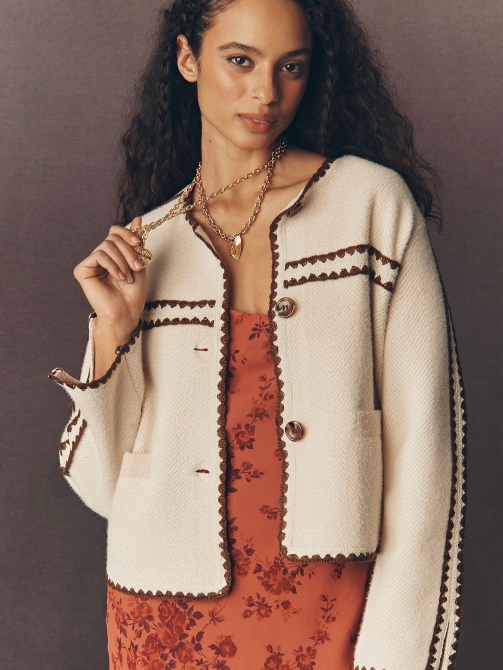 NVLT Cream Boxy Jacket with Brown Crochet Trim